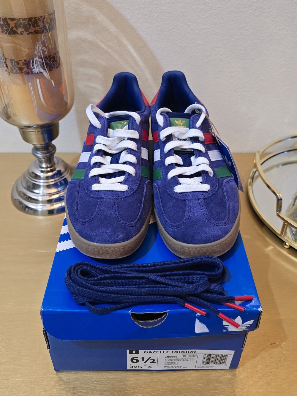 adidas Gazelle Indoor Navy Suede Sneakers with Red & Green Stripes